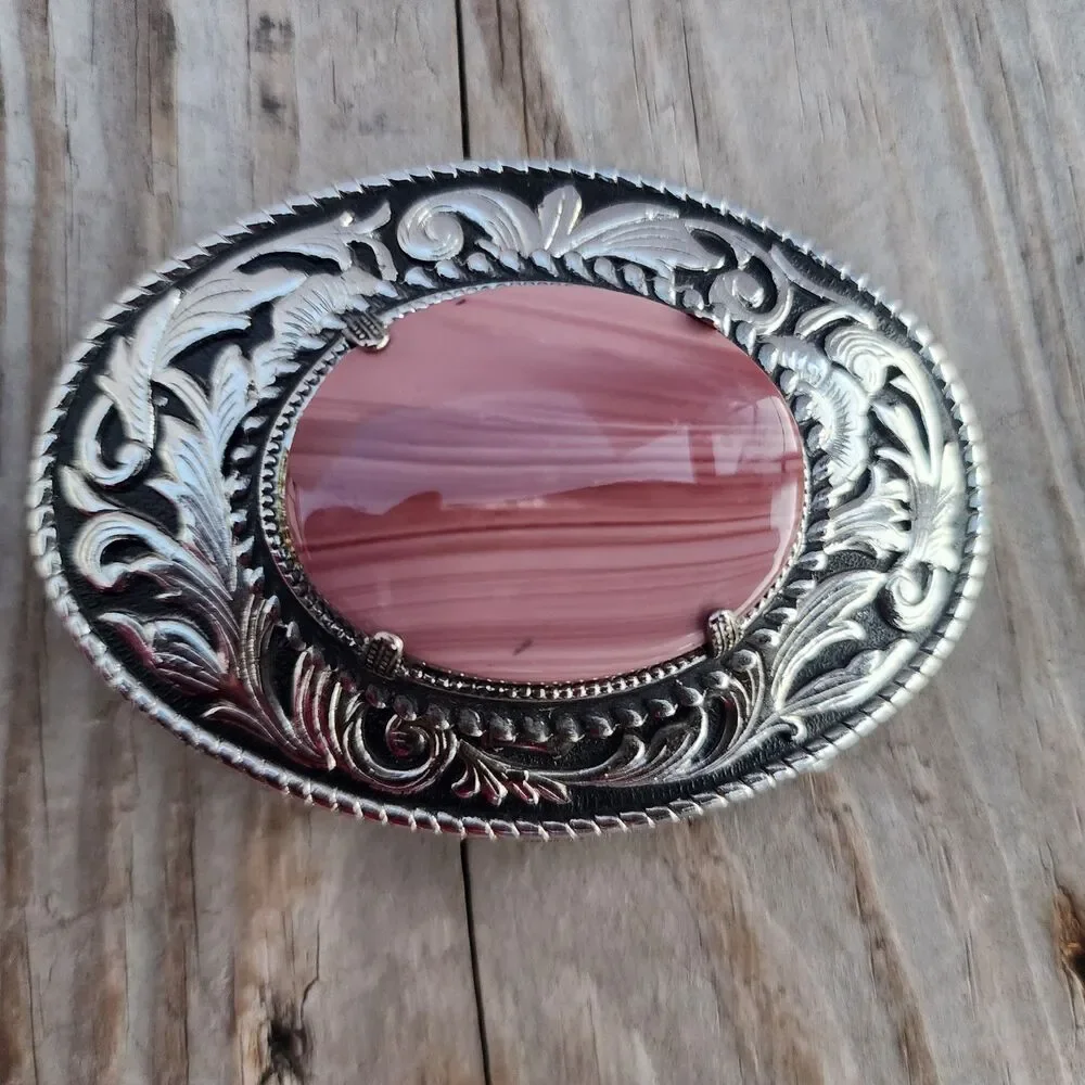 VINTAGE Rare Western Tooled Silver Belt Buckle with Pink Fiesta Agate GemStone